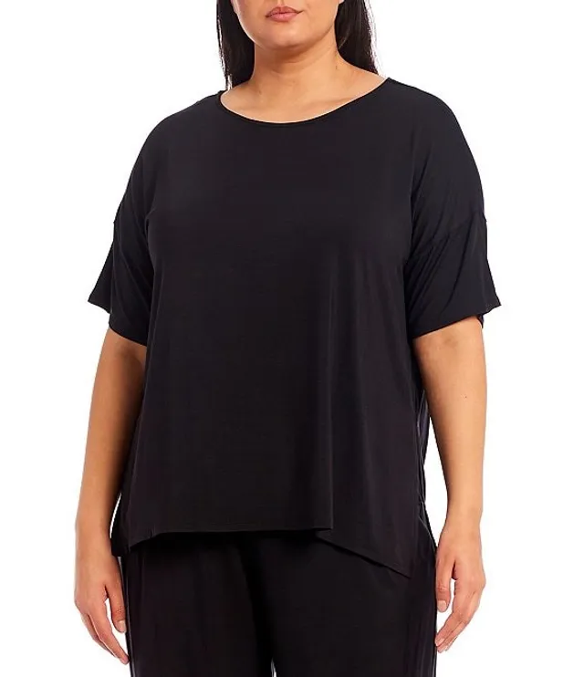 Donna Karan Plus Solid Drop Shoulder Short Sleeve Crew Neck Knit