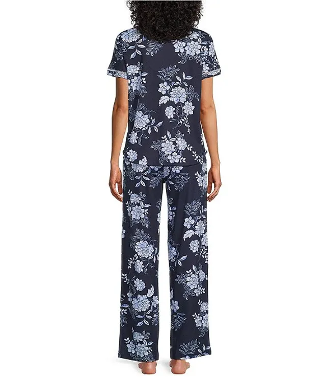 Karen Neuburger Short Sleeve Notch Collar Graphic Blooms Interlock