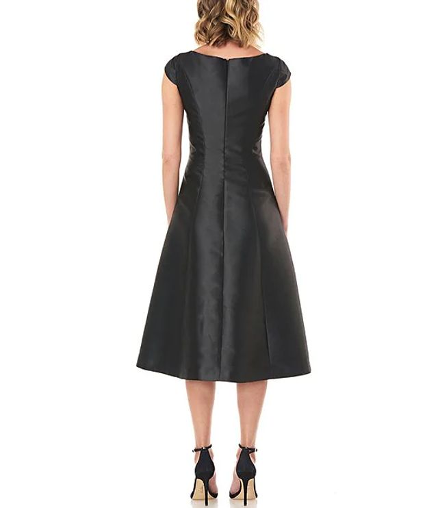 Kay Unger Ella Boat Neck Dual Faced Jacquard Cap Sleeve Midi Dress 