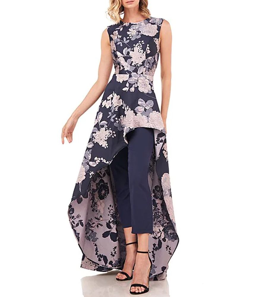 Roxane Textured Floral Jacquard Jewel Neck Sleeveless Asymmetric Overlay  Walk-Thru Jumpsuit
