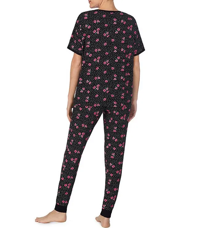 Kensie Knit Floral Dot Print Short Sleeve Round Neck Top Jogger