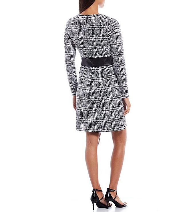 Michael Kors Plaid Knit Jacquard V-Neck Long Sleeve A-Line Dress