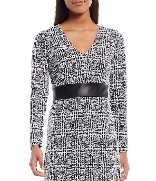 Michael Kors Plaid Knit Jacquard V-Neck Long Sleeve A-Line Dress