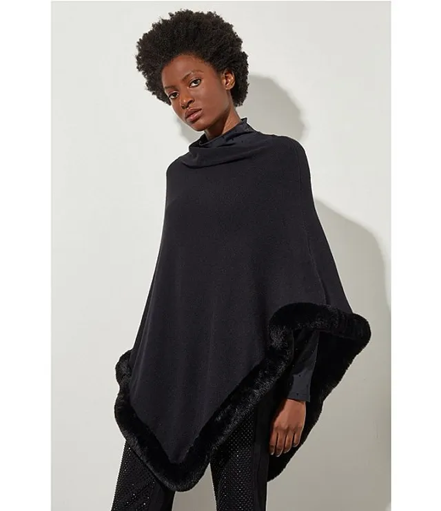 Ming Wang Knit Asymmetrical Neck 3 4 Sleeve Faux Fur Trim Poncho