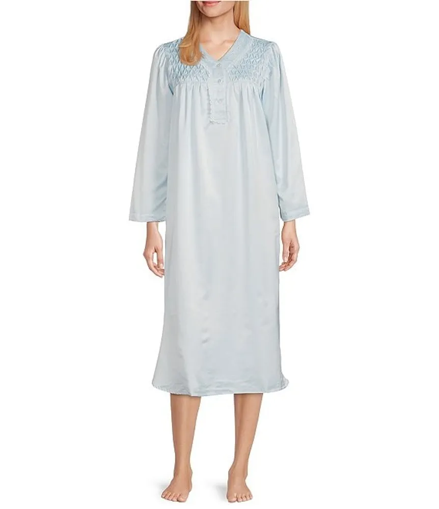 Miss Elaine Brushed Back Satin V Neck Long Sleeve Nightgown