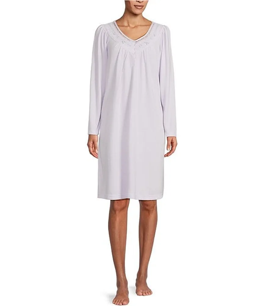 Miss Elaine Brushed Solid Honeycomb Knit Embroidered Trim V Neck