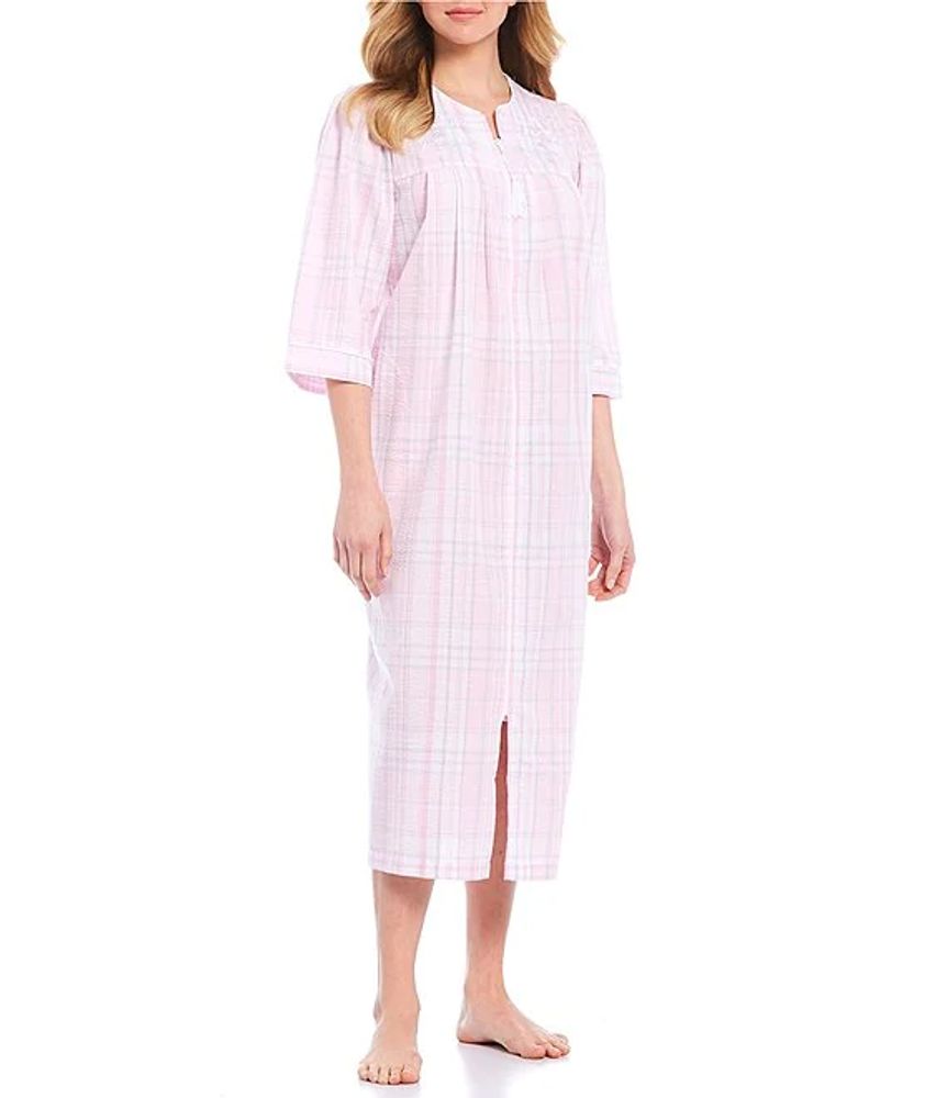 Miss Elaine Petite Seersucker Plaid Print Long Zip Front Robe