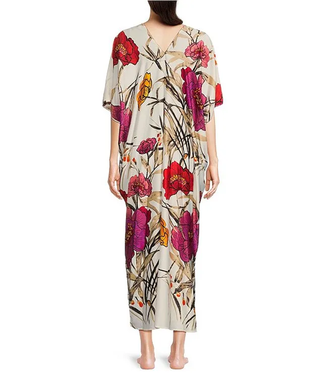 Natori Satin Floral Print Elbow Sleeve V Neck Caftan Hamilton Place