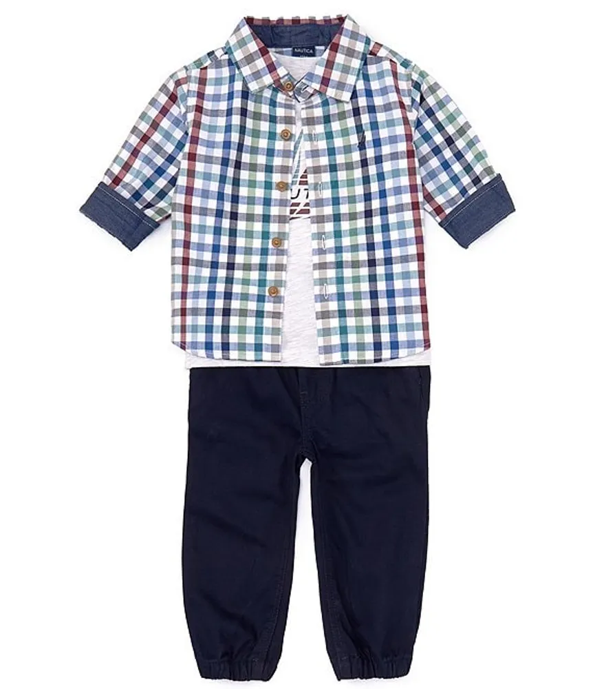Nautica Baby Boys 12 24 Months Long Sleeve Checked Button Up Woven