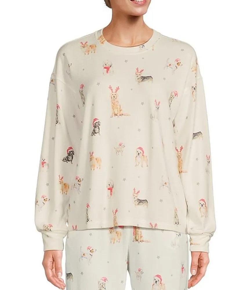 PJ Salvage Holiday Dogs Stars Butter Jersey Long Sleeve Crew