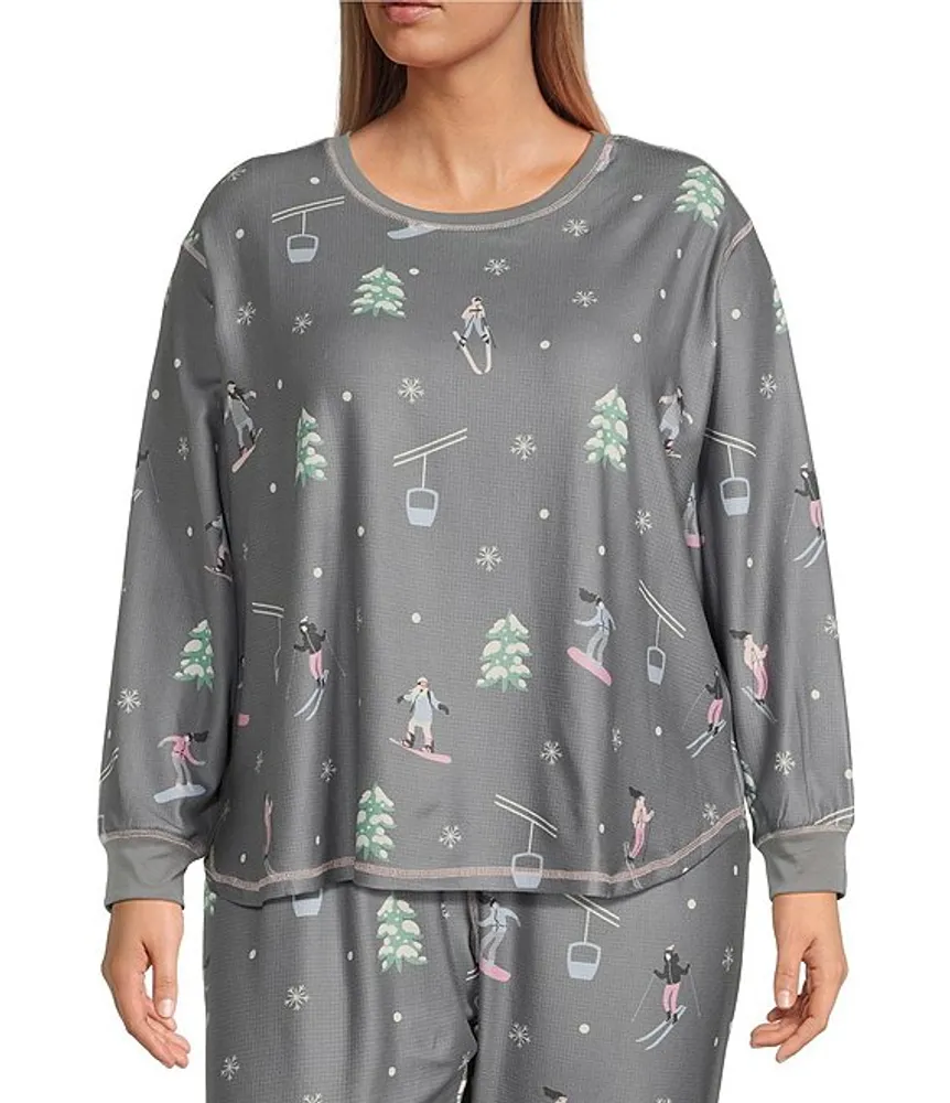 PJ Salvage Plus Thermal Velour Ski Print Long Sleeve Round Neck
