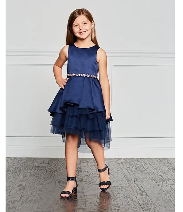 Rare Editions Little Girls 2T 6X Satin Hi Low Tiered Rhinestone