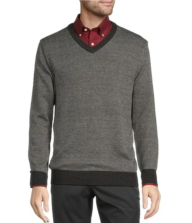 Roundtree Yorke Long Sleeve Jacquard Herringbone V Neck Pullover