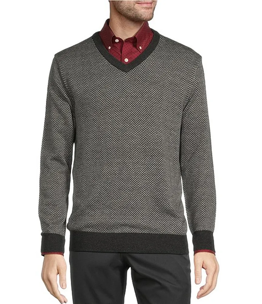 Roundtree Yorke Long Sleeve Jacquard Herringbone V Neck Pullover