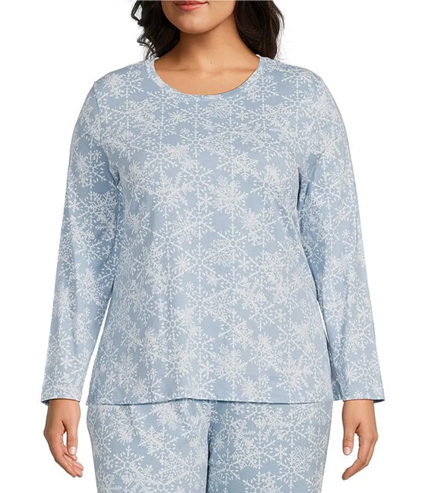 Sleep Sense Plus Size Snowflake Print Knit Long Sleeve Crew Neck