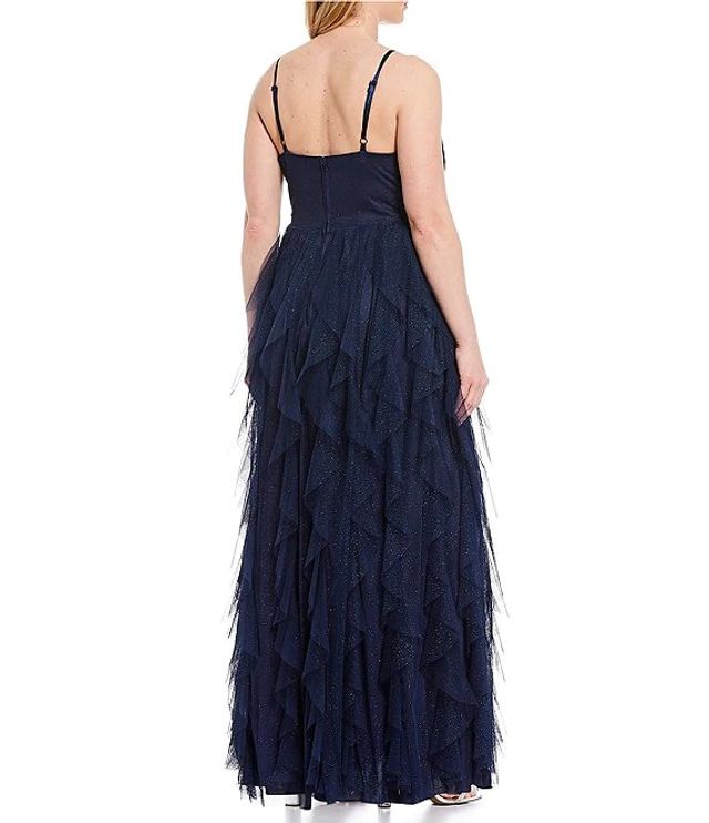 Teeze Me Strapless Sweetheart-Neck Ruched Bodice Glitter Mesh 