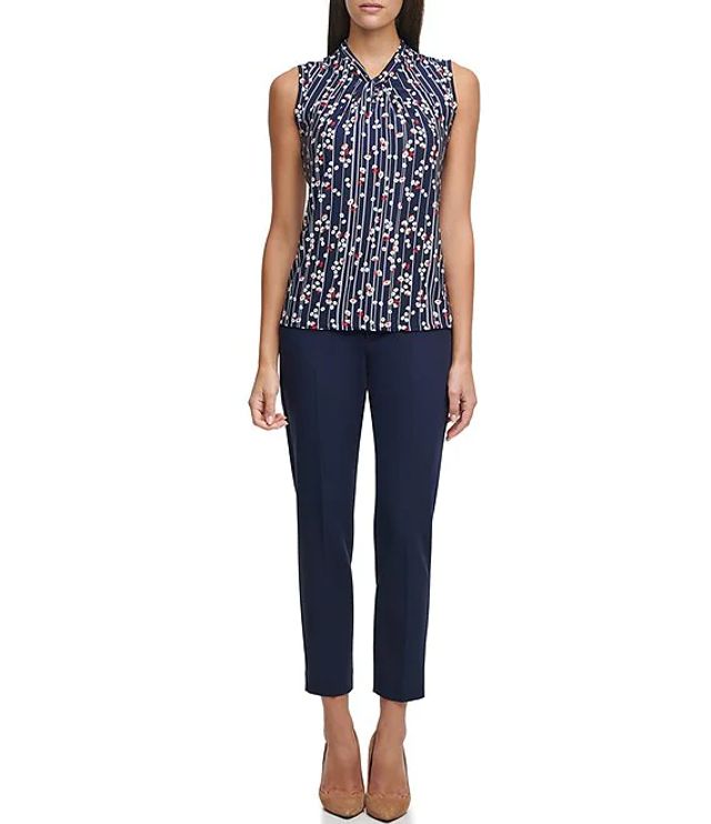 Tommy Hilfiger Ditsy Floral Stripe Print Matte Jersey Knot-Neck 