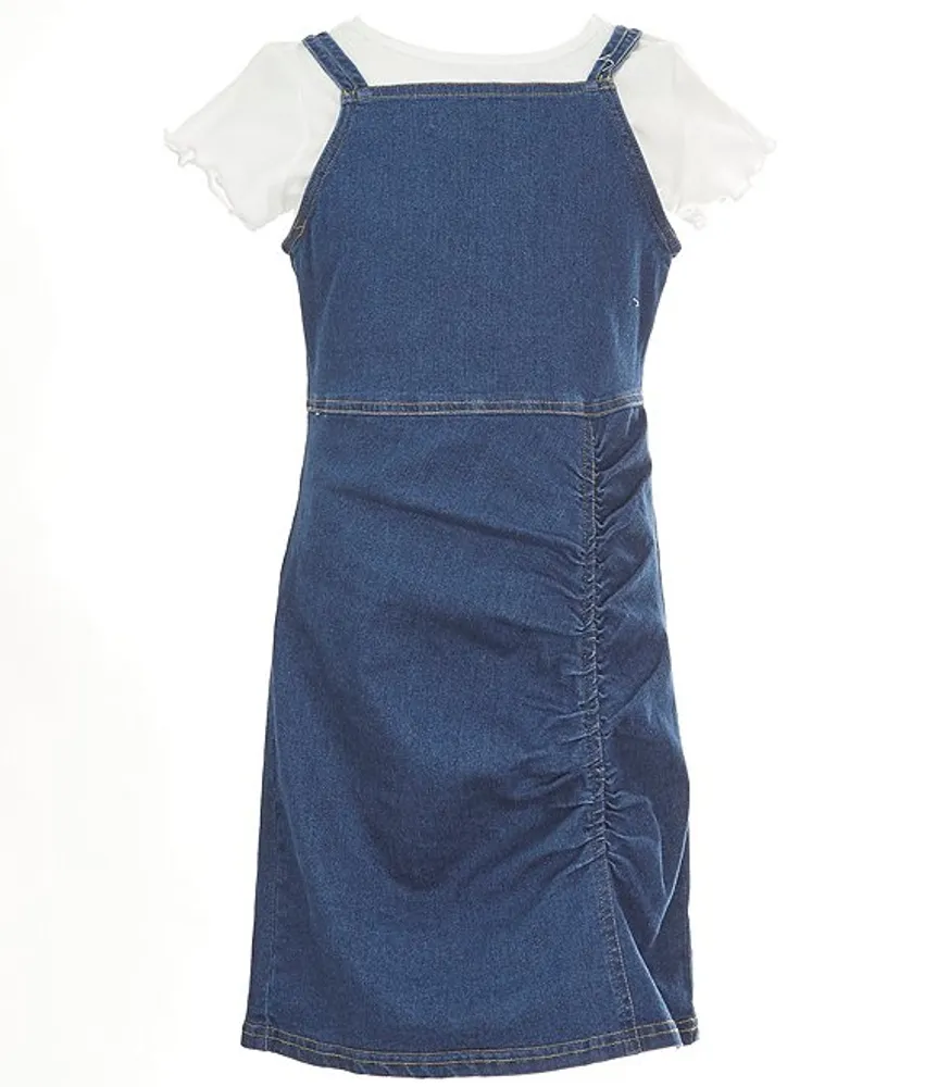 Zunie Big Girls 7 16 Rouched Denim Jumper with Ribbed Short Sleeve