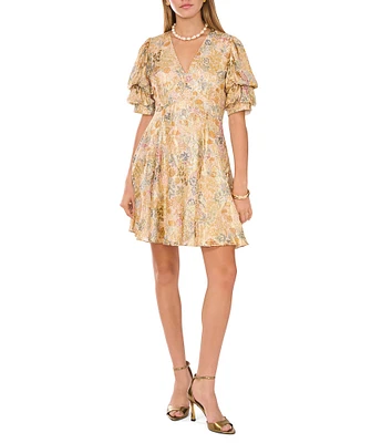 1.state Women's Paisley V-Neck Tiered Bubble Puff Sleeve