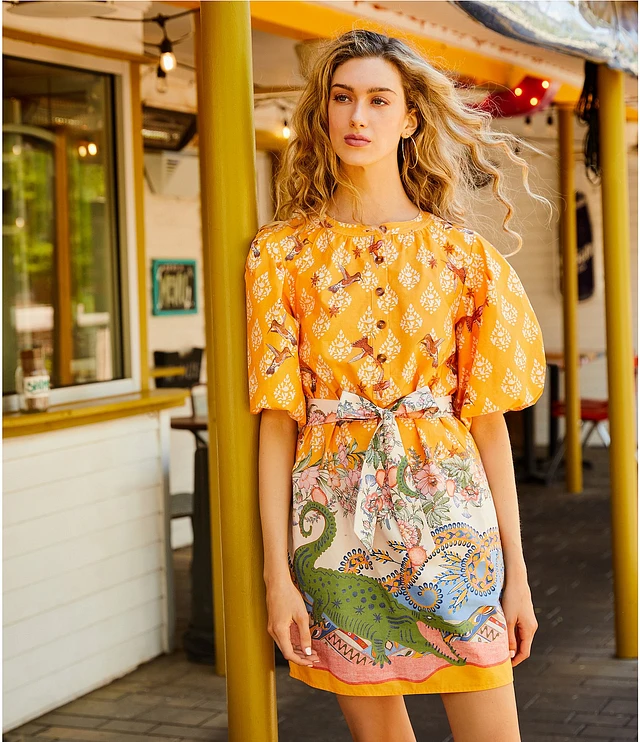 A Loves A Border Print Mandarin Collar Short Bubble Sleeve