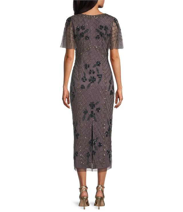Adrianna papell sequin beaded gown with flutter sleeves clearance