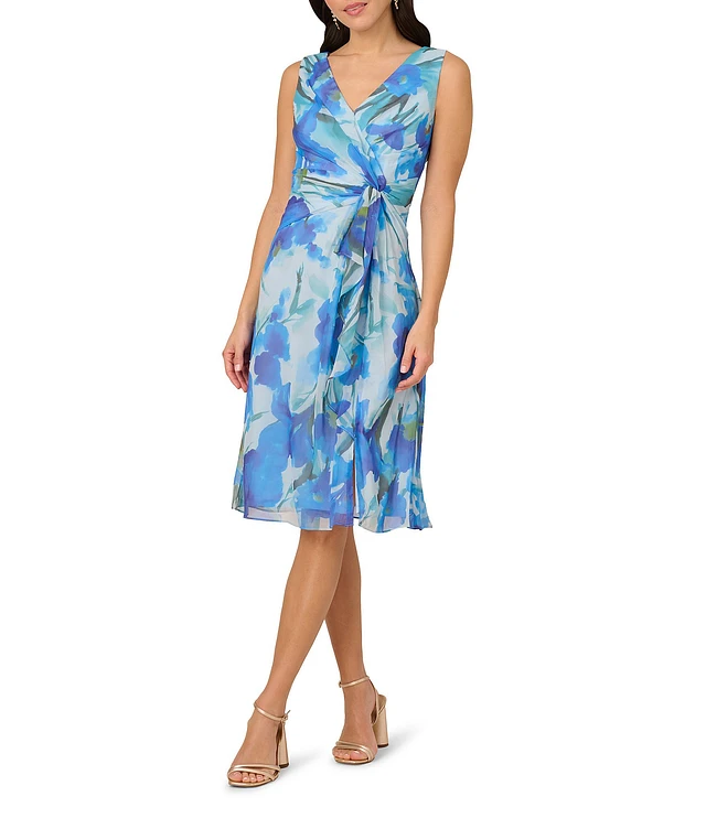 Adrianna Papell Chiffon Floral Print V Neck Sleeveless Front