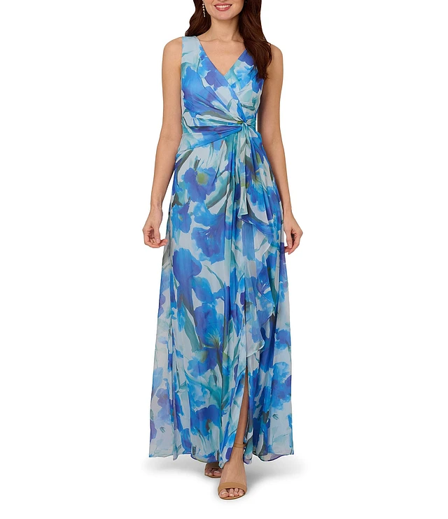 【海外限定】AdriannaPapell ドレス☆Blue llic Foil Long D Adrianna Papell- Foil Leaf Gown in Light Blue Gold | floc