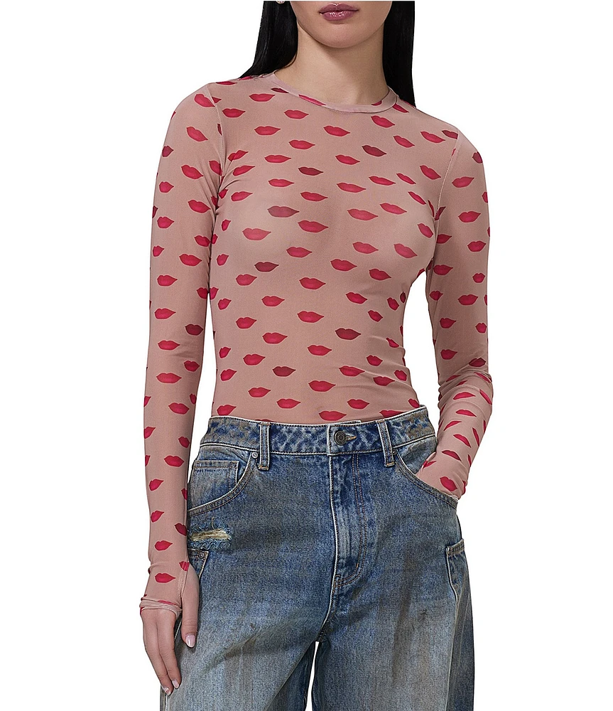 AFRM Kaylee Mesh Kiss Print Crew Neck Long Sleeve Top | The