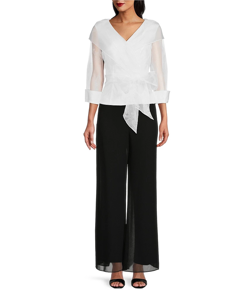 Alex Evenings 3/4 Illusion Sleeve Portrait Collar Tie Waist