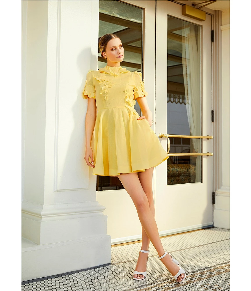 Antonio Melani Iris Linen Floral Mockneck Short Sleeve Dress