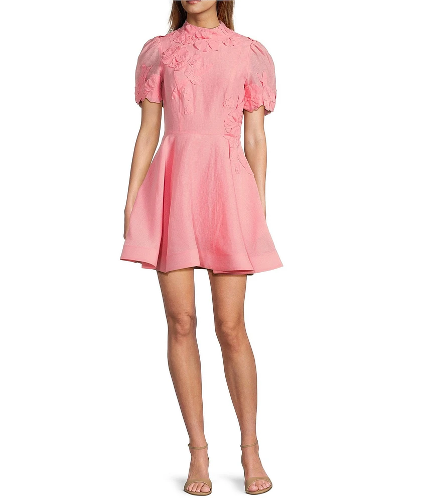 Antonio Melani Iris Linen Floral Mockneck Short Sleeve Dress