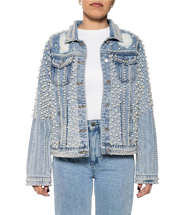 Azalea Wang Alara Pearl Embellished Collared Cropped Denim Jacket