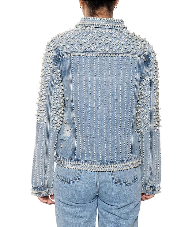 Azalea Wang Alara Pearl Embellished Collared Cropped Denim Jacket