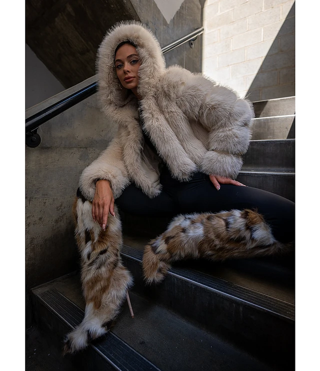 Azalea Wang Leo-City Faux Fur Snow Leopard Hooded Long Sleeve High