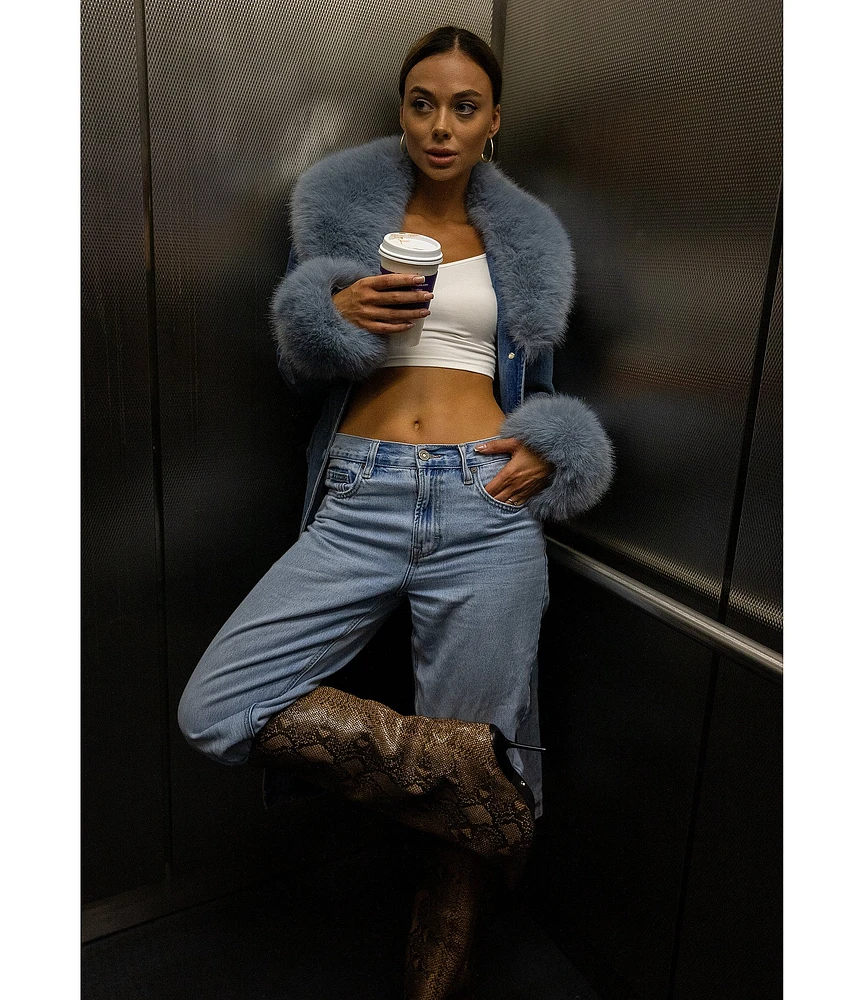 Azalea Wang Kaya Denim Faux Fur Collared Trench Coat Azalea Wang Kaya Denim Faux Fur Collared Trench Coat
