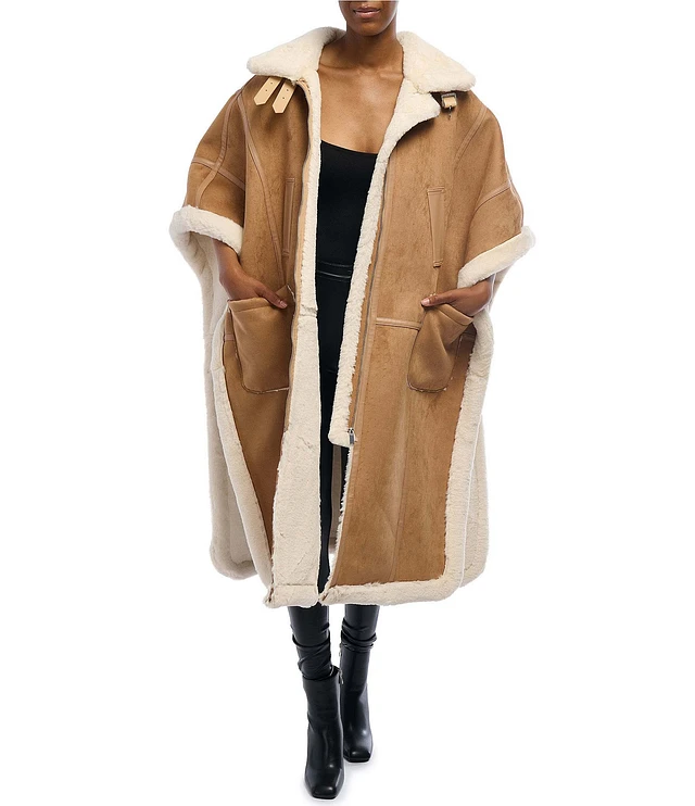 Azalea Wang Shearling Faux Fur Collared Long Poncho at Hamilton