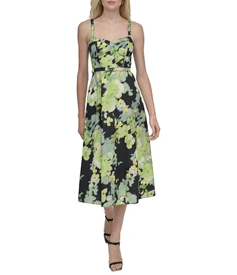 ◆Donna Karan 抽象プリントスクエアネックミディワンピース Donna Karan Abstract Print Sweetheart Neck Midi Dress