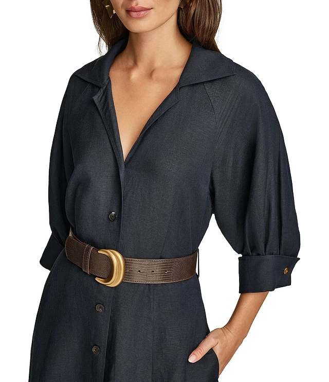 Donna Karan 3/4 Sleeve Collared Neck Belted Linen Blend Midi