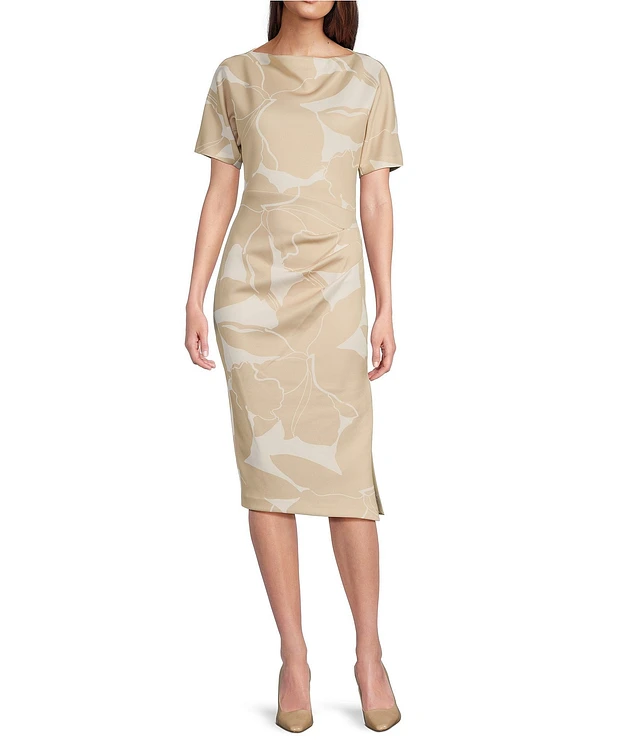 【Donna Karan New York】Floral-Print Sheath Dress Donna Karan Ruched Short Sleeve Boat Neck Floral Scuba