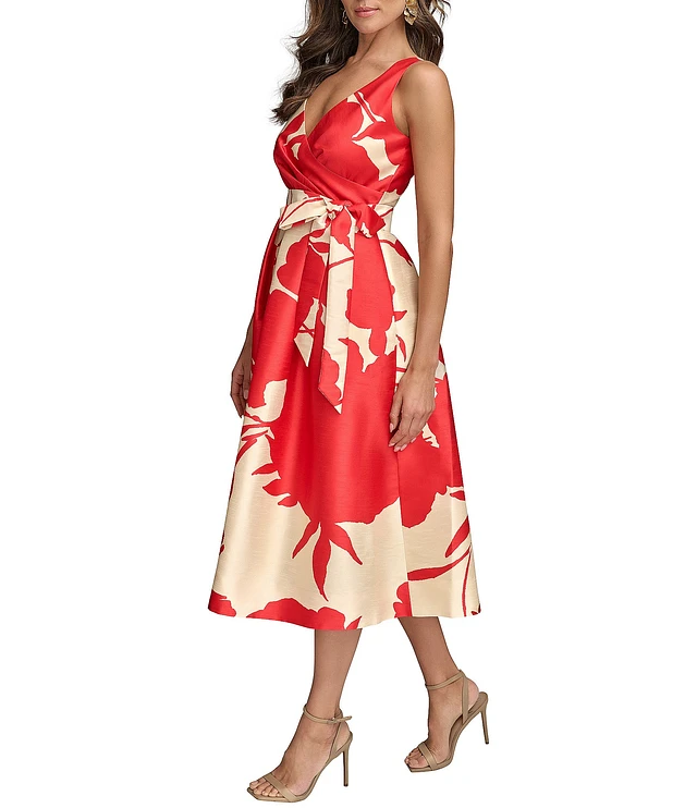 Donna Karan V-Neck Sleeveless Abstract Floral Print Dress