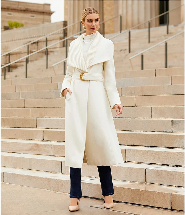 Donna Karan Wool Blend Knit Shawl Collar Belted Maxi Coat