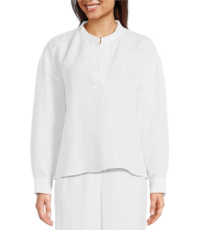 Eileen Fisher Silk Organic Linen Mandarin Collar Long Sleeve