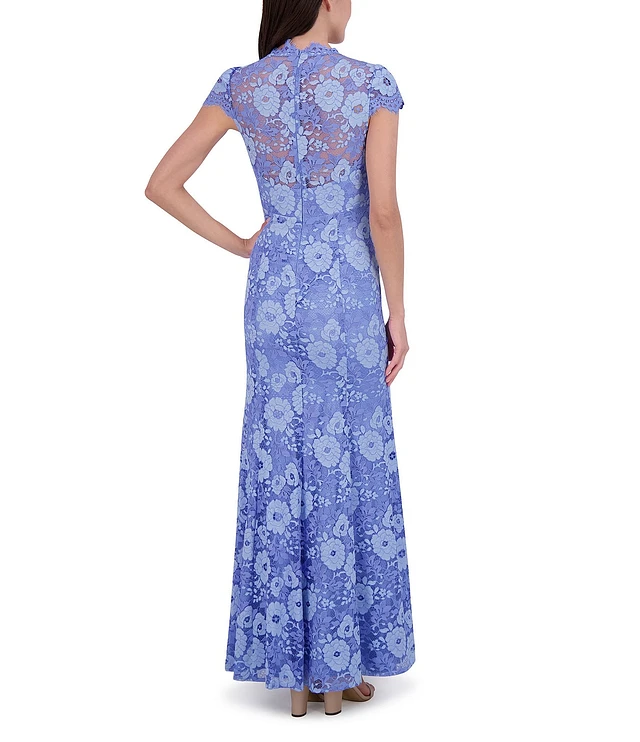 Eliza J Metallic Lace Illusion V-Neck Cap Sleeve Mermaid Gown