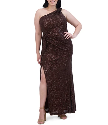 Eliza J Sequin One Shoulder Sleeveless Bow Side Gown | The