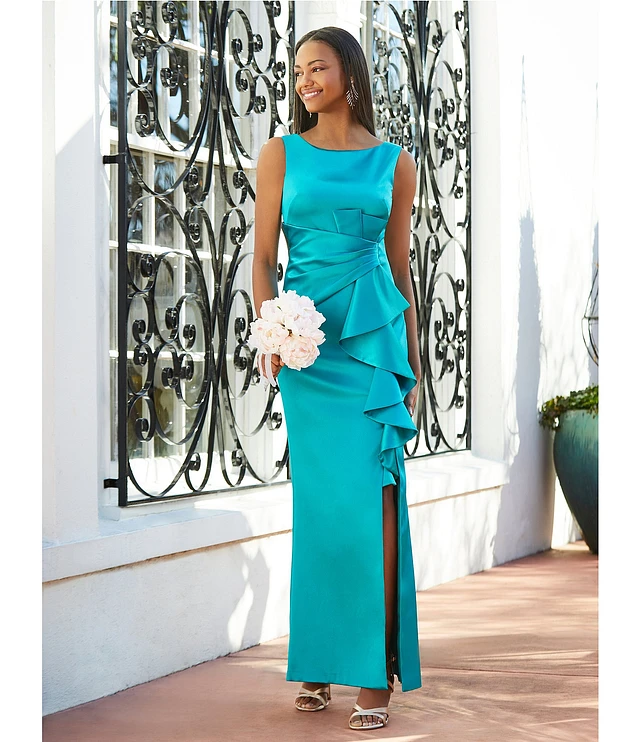 Eliza J Stretch Satin Boat Neck Sleeveless Cascading Ruffle Eliza J Stretch Satin Boat Neck Sleeveless Cascading Ruffle