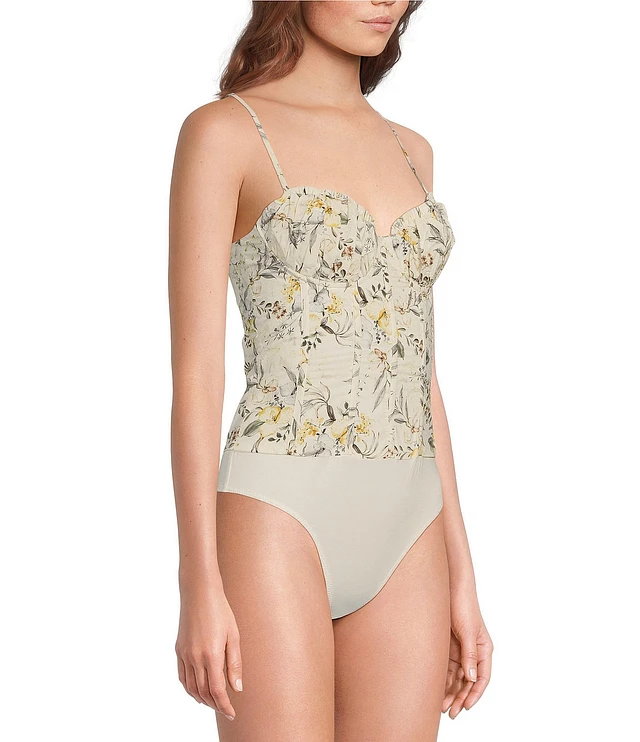 FLORAL PRINT SHEER PANELED VELOUR BODYSUTS｜FETICO