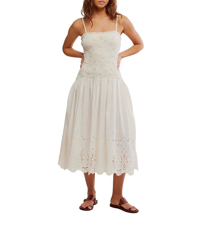 Free People Daphne Embroidered Floral Applique Square Neck