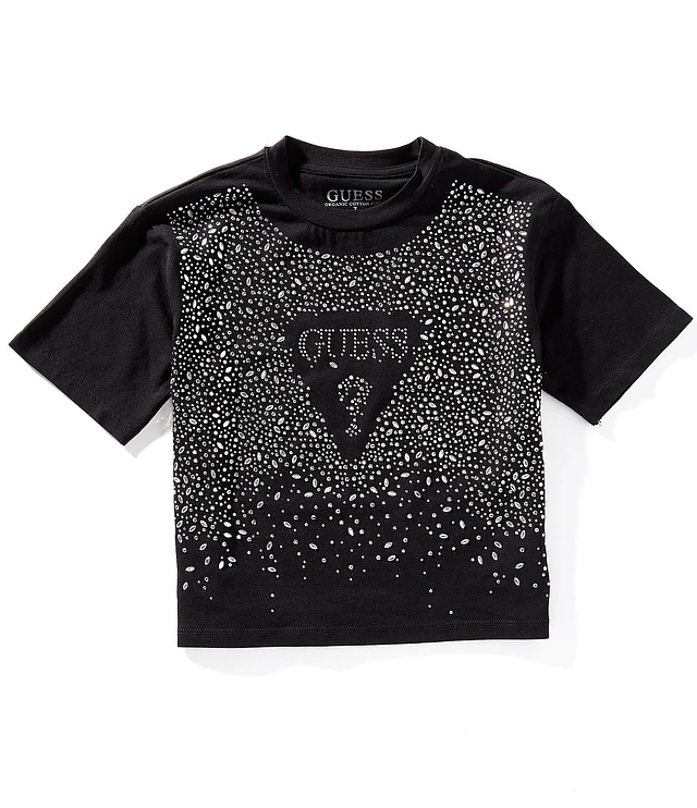 ★★Guess★★ Big triangle bling logo short sleeve t-shirt Y Guess Big Girls Short-Sleeve Metal Rhinestone Triangle Logo