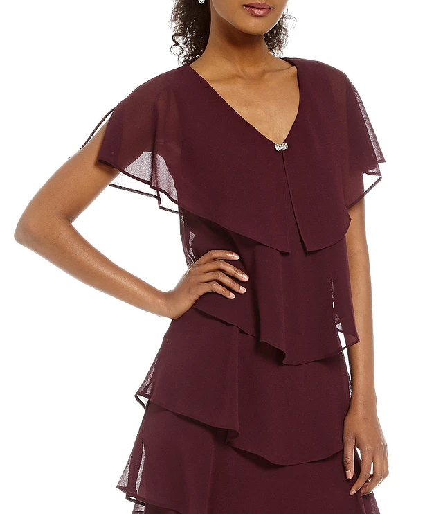 Ignite evenings georgette tiered capelet dress top