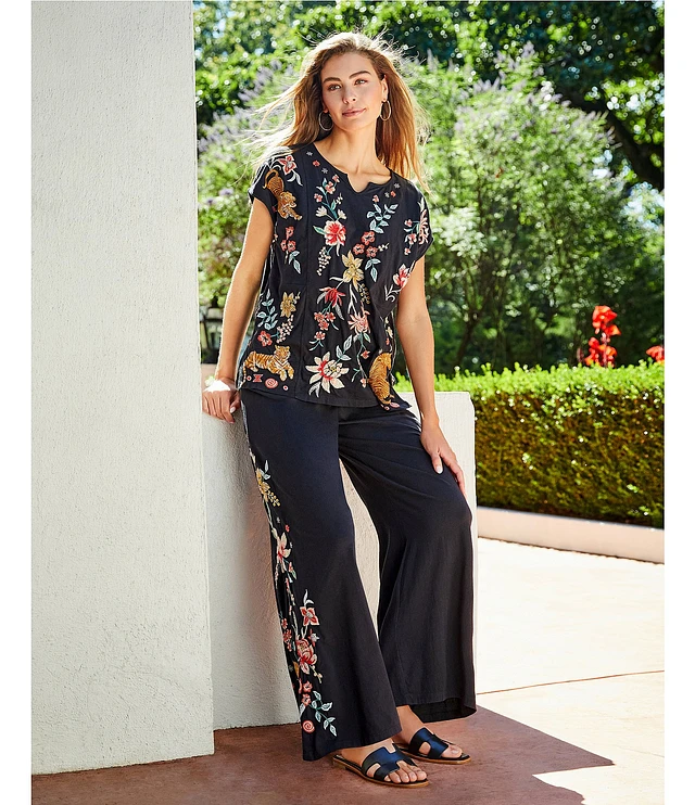 JOHNNY WAS Andrean Drawstring Elastic Waist Embroidered Wide